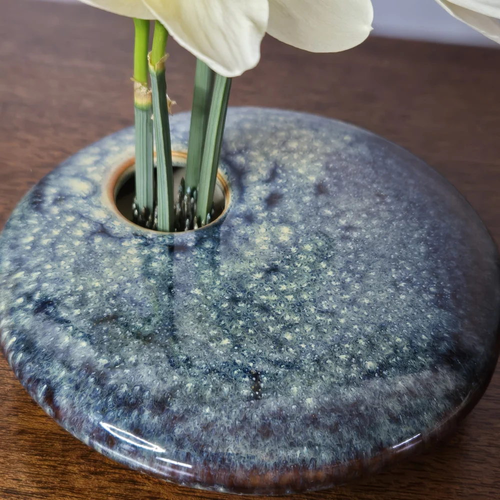 Vintage Ikebana Ceramic Blue Flower Frog Vase Handmade, Painted, Signed Gp 02